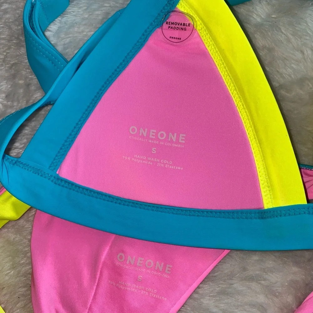 NWT OneOne Swimwear Bikini SET Martinica Pink Blue Yellow Neon Jesse Kameron New - Picture 5 of 12